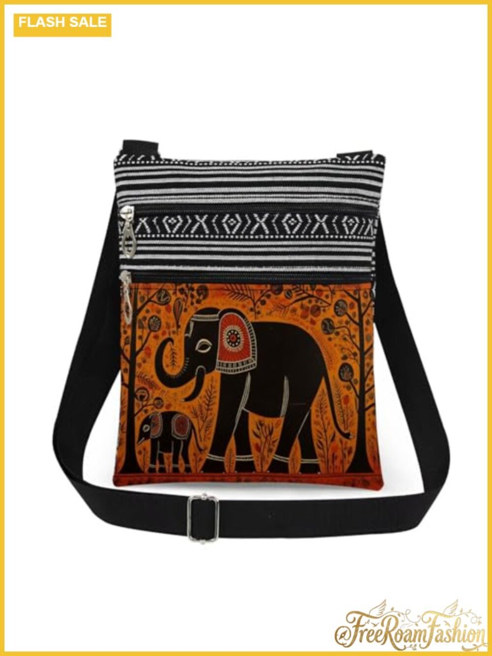 Elephant Print Crossbody Bag Polyester Dual Pocket Adjustable Strap Sling Purse